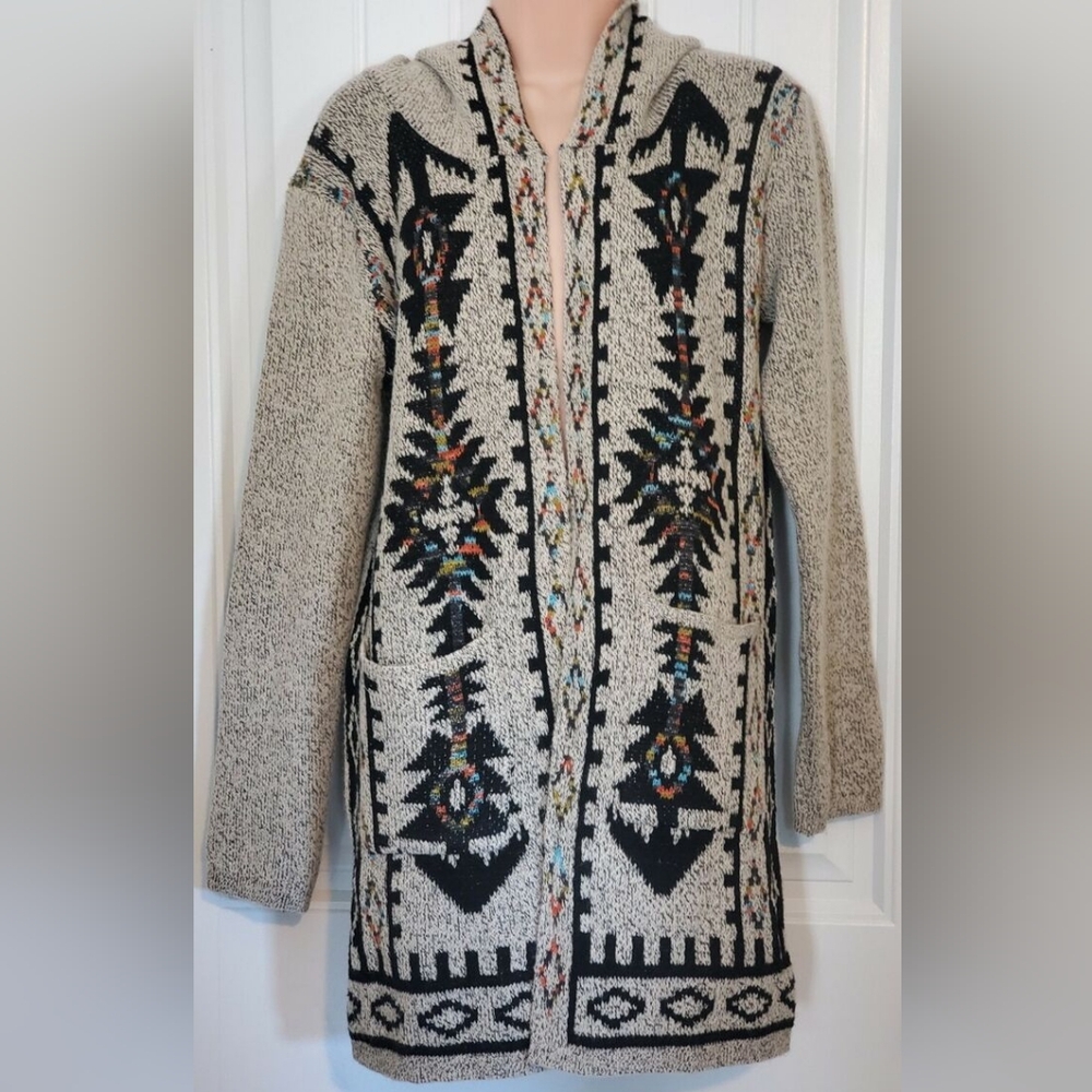Pinklicious Southwestern Long Cardigan Duster Sweater Hood Winter Native Aztec